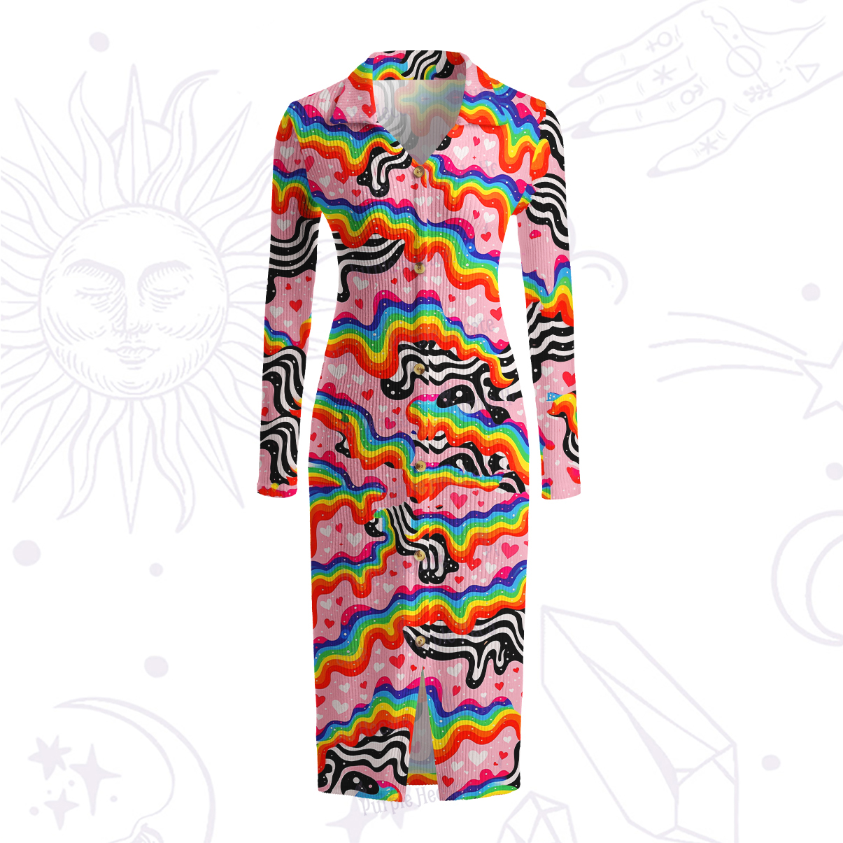 Purplehecate Groovy Melty Rainbow Hearts Wavy Ribbed Knit Dress