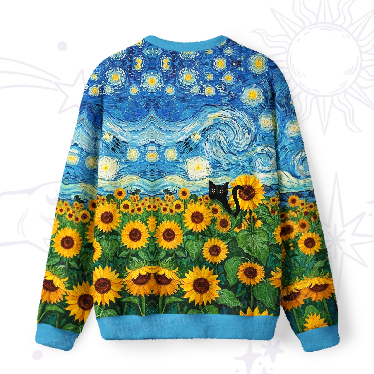 Purplehecate Starry Night Sunflower Black Cat Fuzzy Ugly Sweatshirt