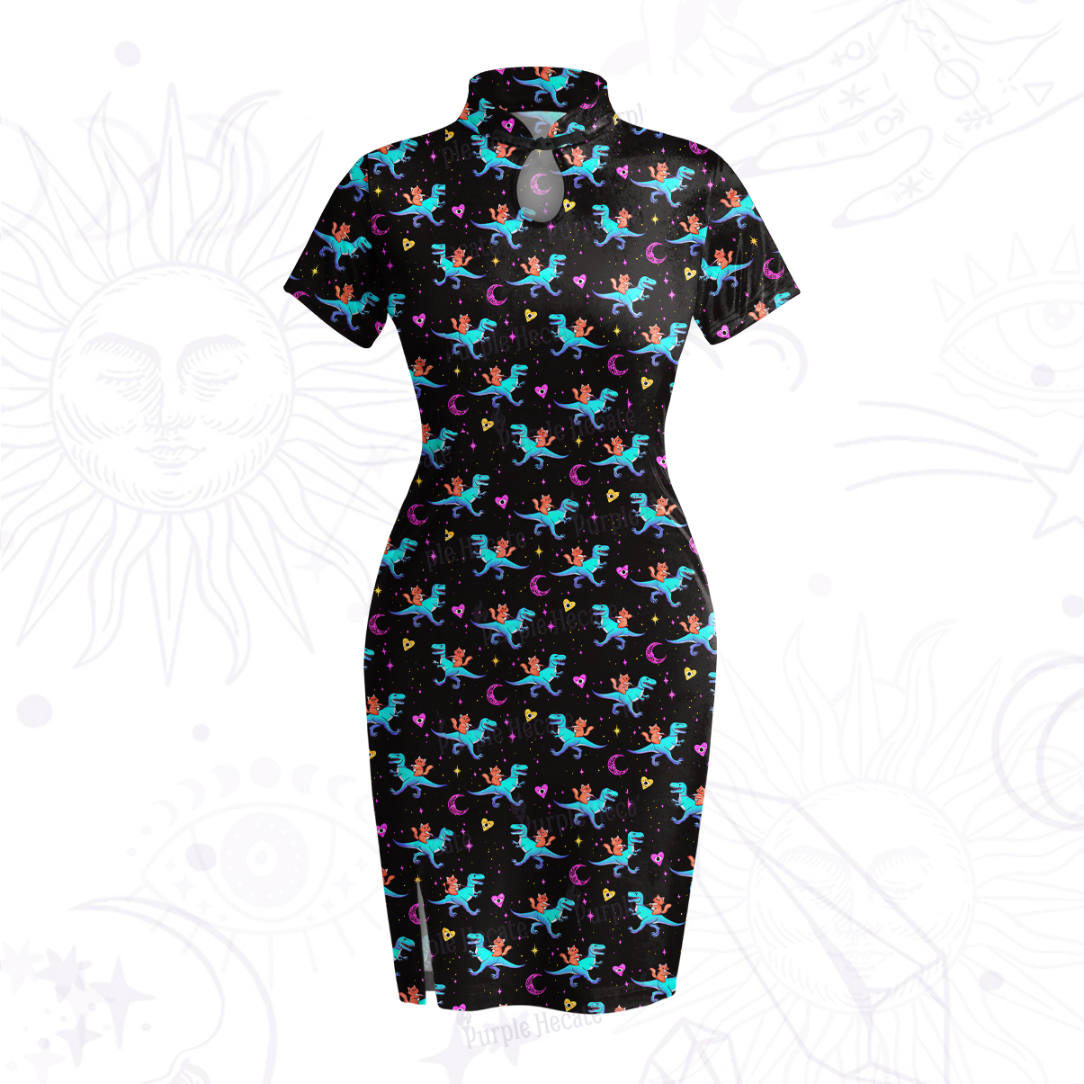Purplehecate Witch Cat Rides the Dino Velvet Bodycon Dress