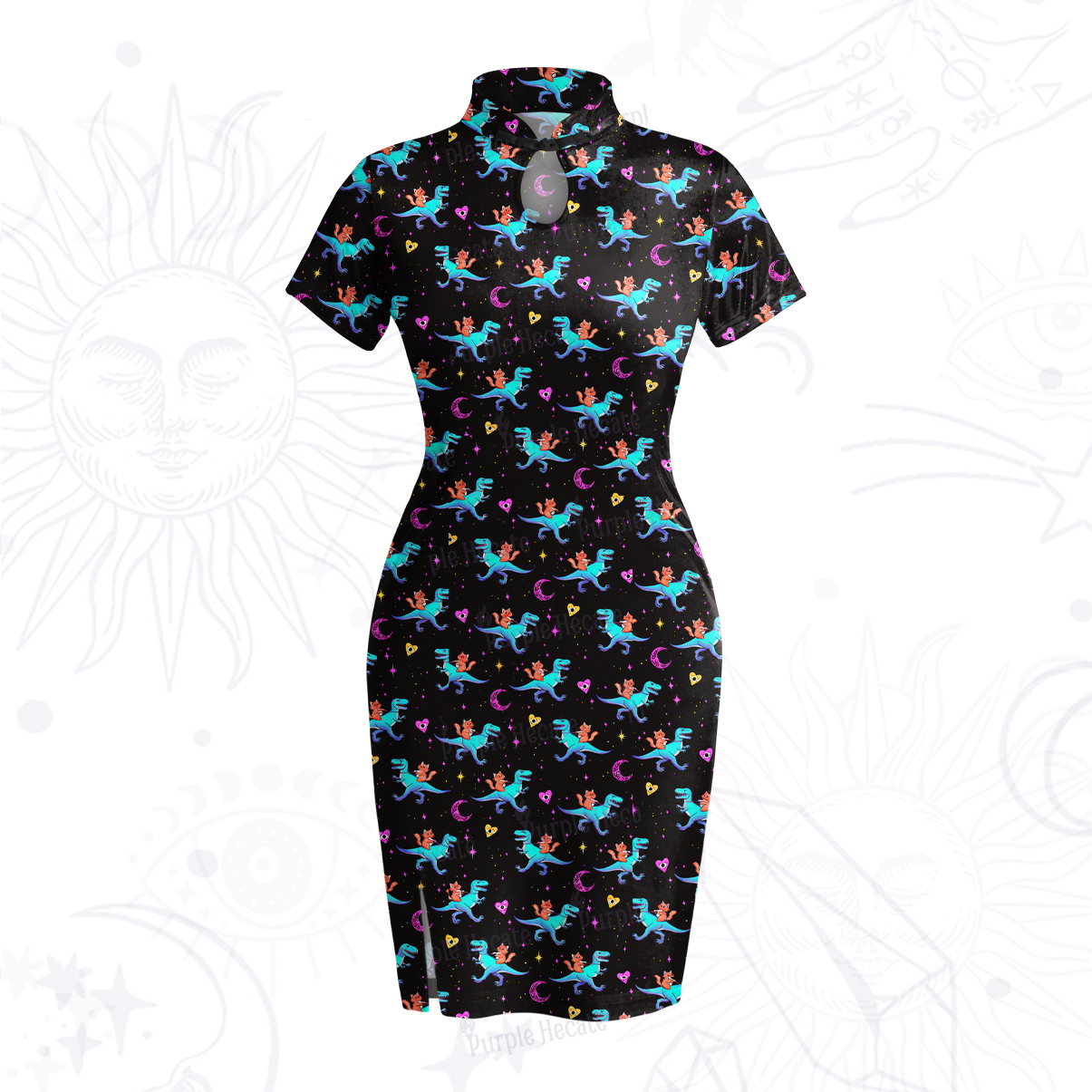 Purplehecate Witch Cat Rides the Dino Velvet Bodycon Dress