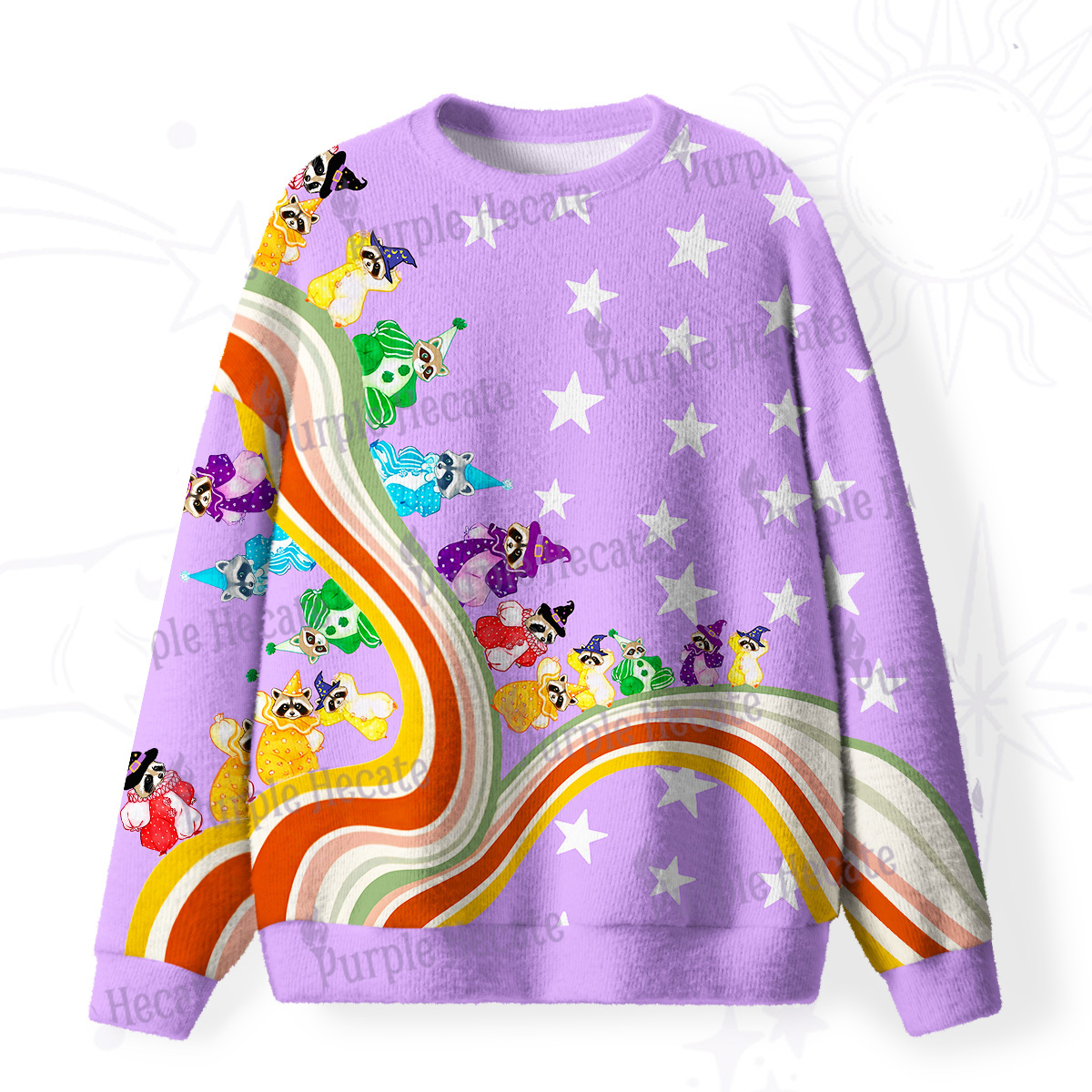 Purplehecate Rainbow Raccoon Star Fuzzy Ugly Sweatshirt