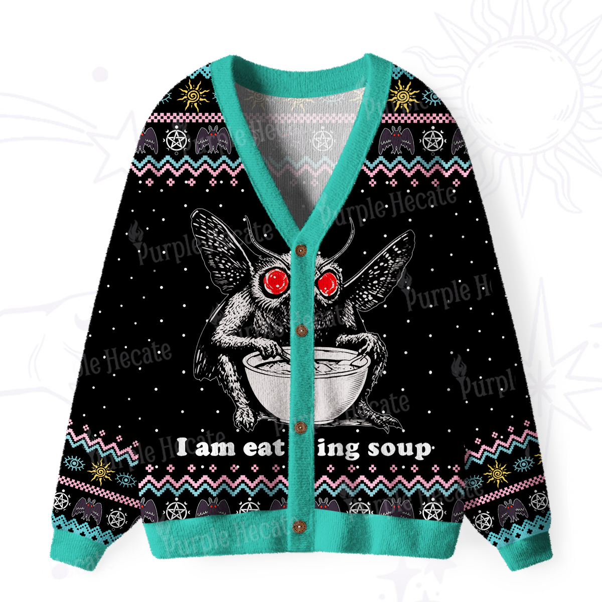 Purplehecate Mothman Eating Soup Ugly Cardigan Sweaters