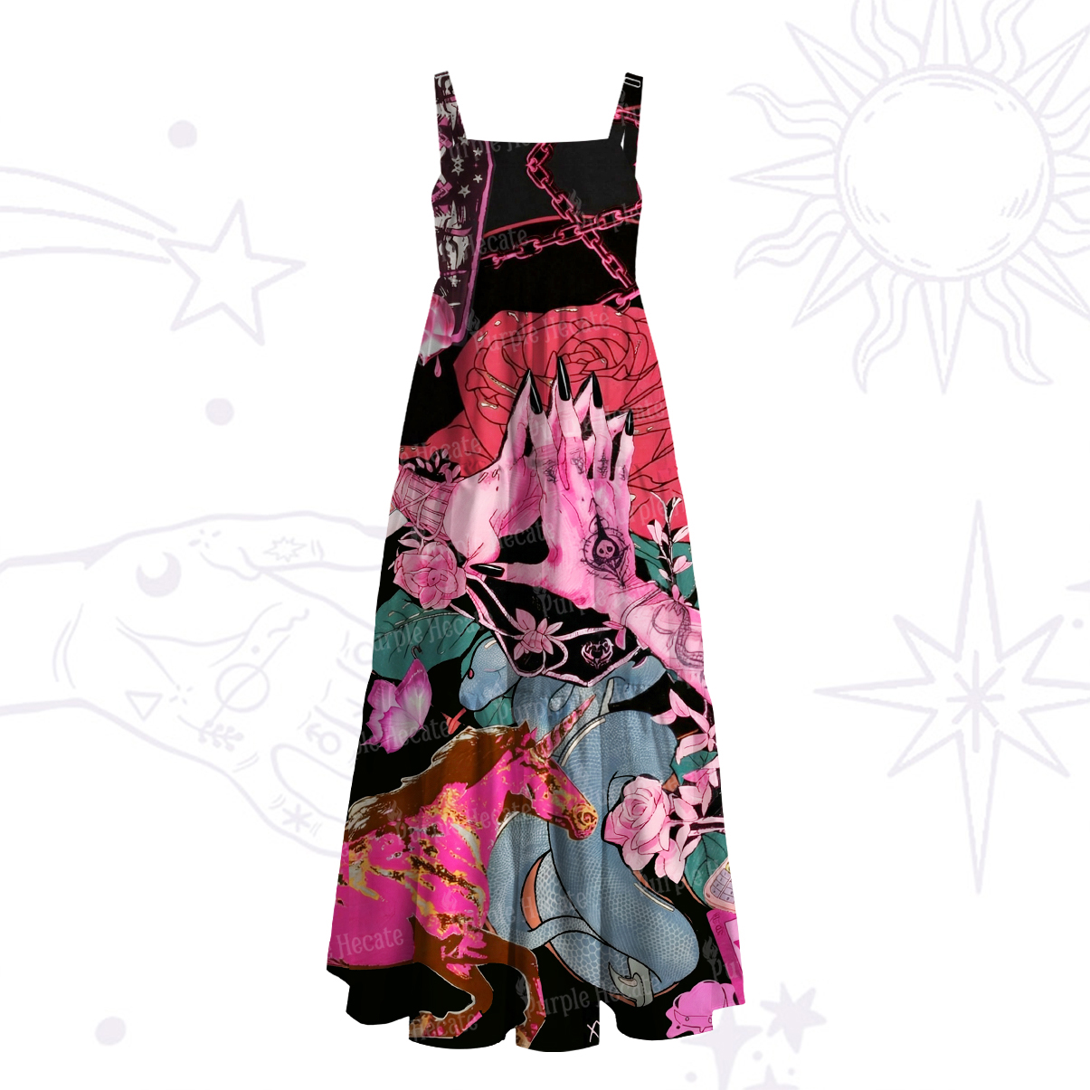 Purplehecate Pink Witch Spell Wide Straps Maxi Dress