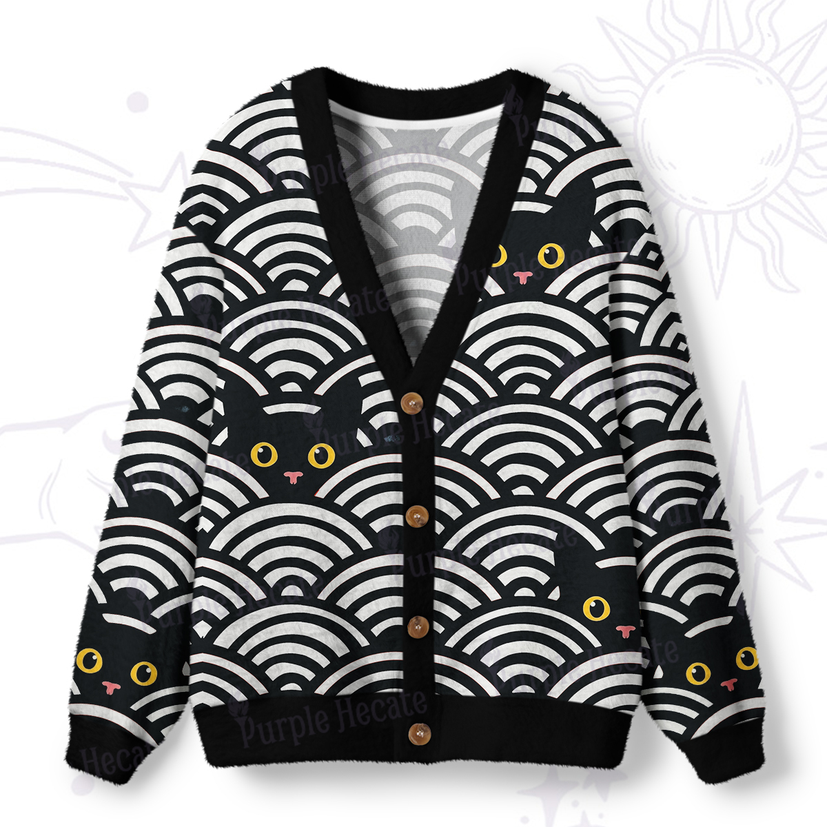 Purplehecate Rainbow Black Cat Waves Ugly Cardigan Sweaters