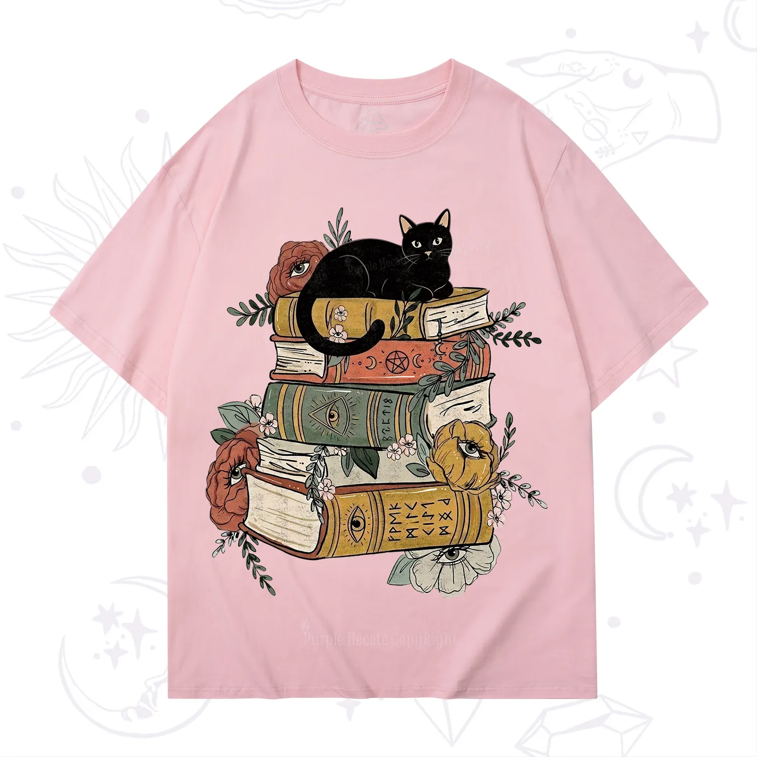 Purplehecate Black Cat on Books T-Shirt