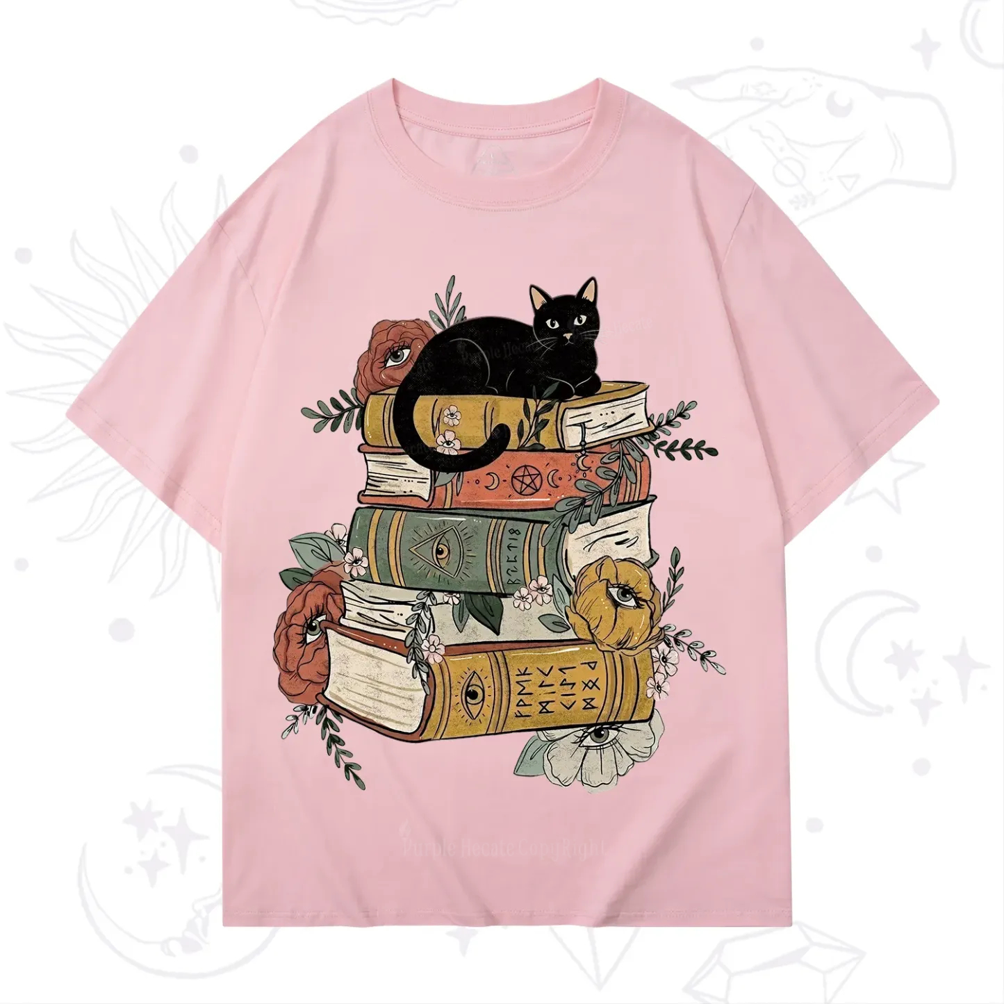 Purplehecate Black Cat on Books T-Shirt