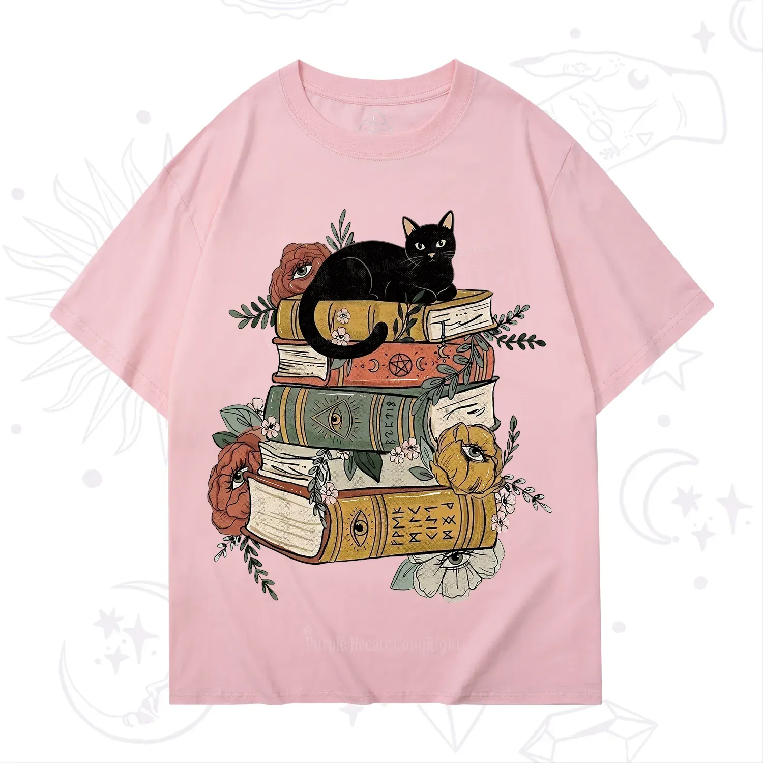 Purplehecate Black Cat on Books T-Shirt