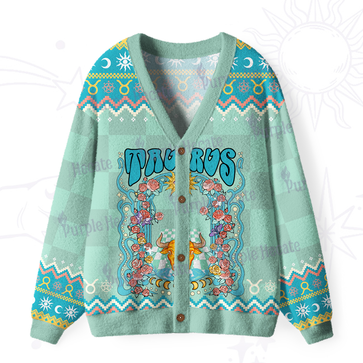 Purplehecate Taurus Spirit Zodiac Ugly Cardigan Sweaters