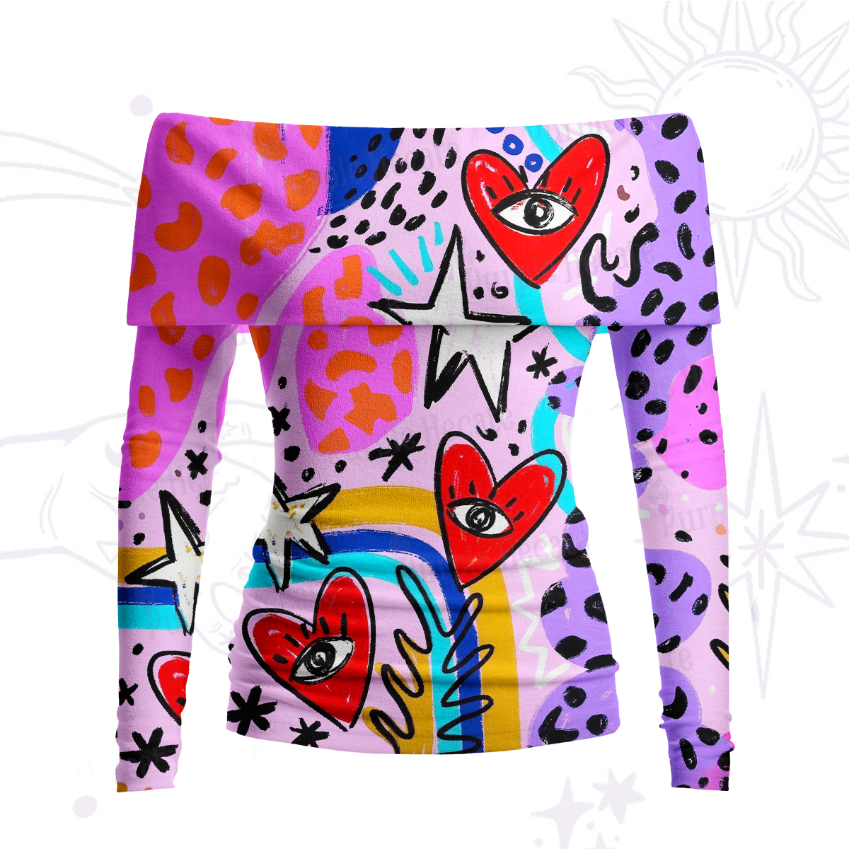 Purplehecate Cosmic Love Eyes Graffiti Off Shoulder Long Sleeve Knit Top