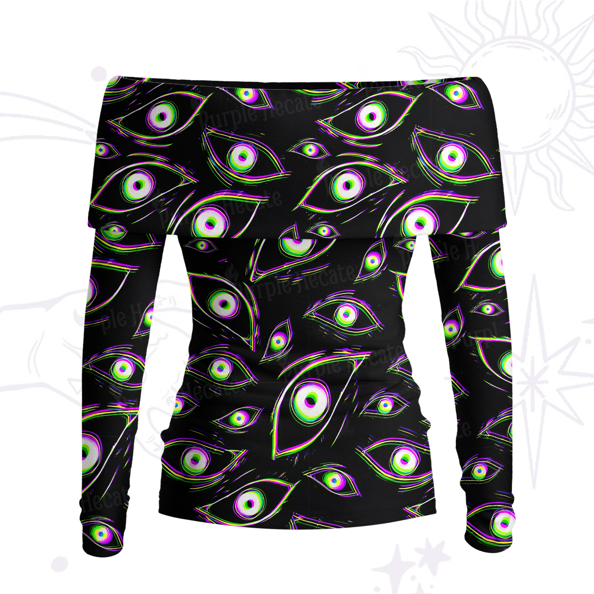 Purplehecate Glitch Vision Off Shoulder Long Sleeve Knit Top