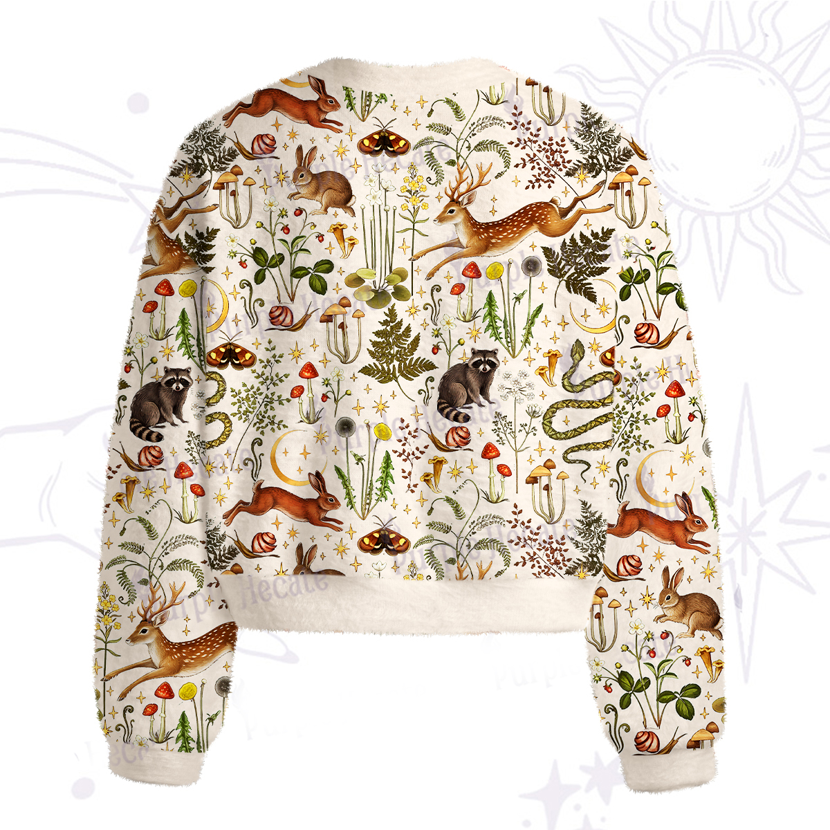 Purplehecate Enchanted Forest Animals Fuzzy Crewneck Sweater