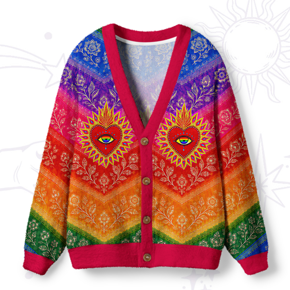 Purplehecate Rainbow Striped Sacred Heart Ugly Cardigan Sweaters