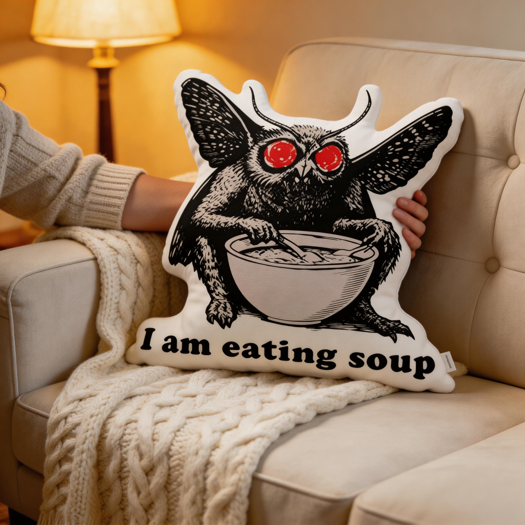 Purplehecate Mothman Eating Soup Pillow