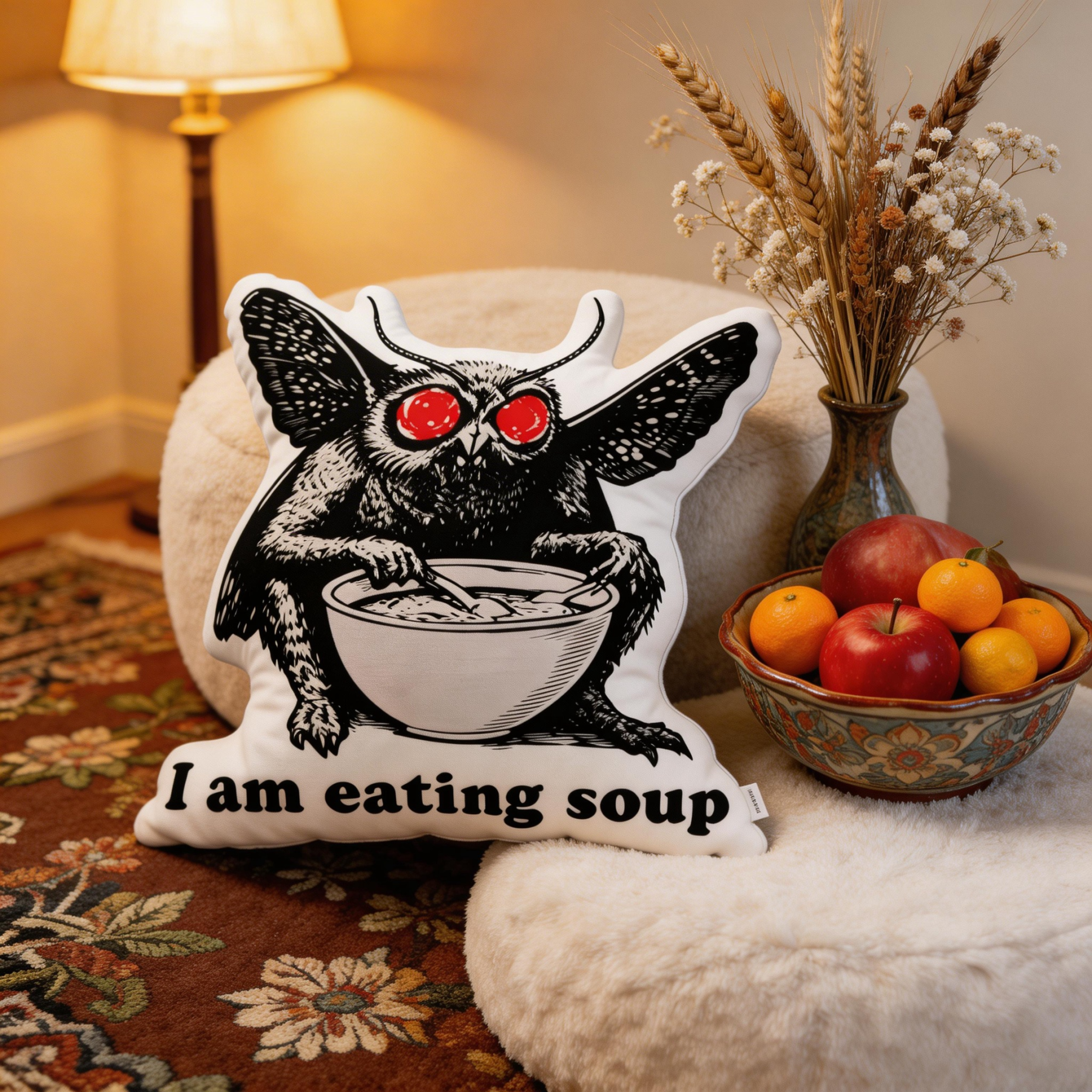 Purplehecate Mothman Eating Soup Pillow