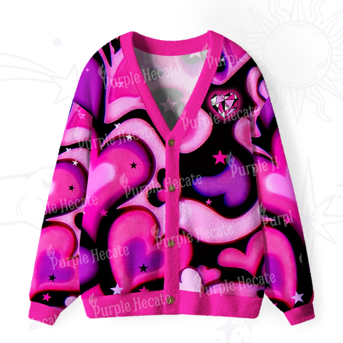 Purplehecate Cosmic Hearts and Stars Ugly Cardigan Sweaters