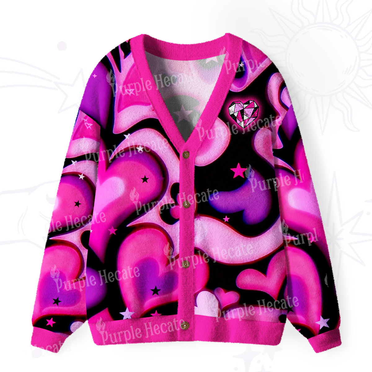 Purplehecate Cosmic Hearts and Stars Ugly Cardigan Sweaters