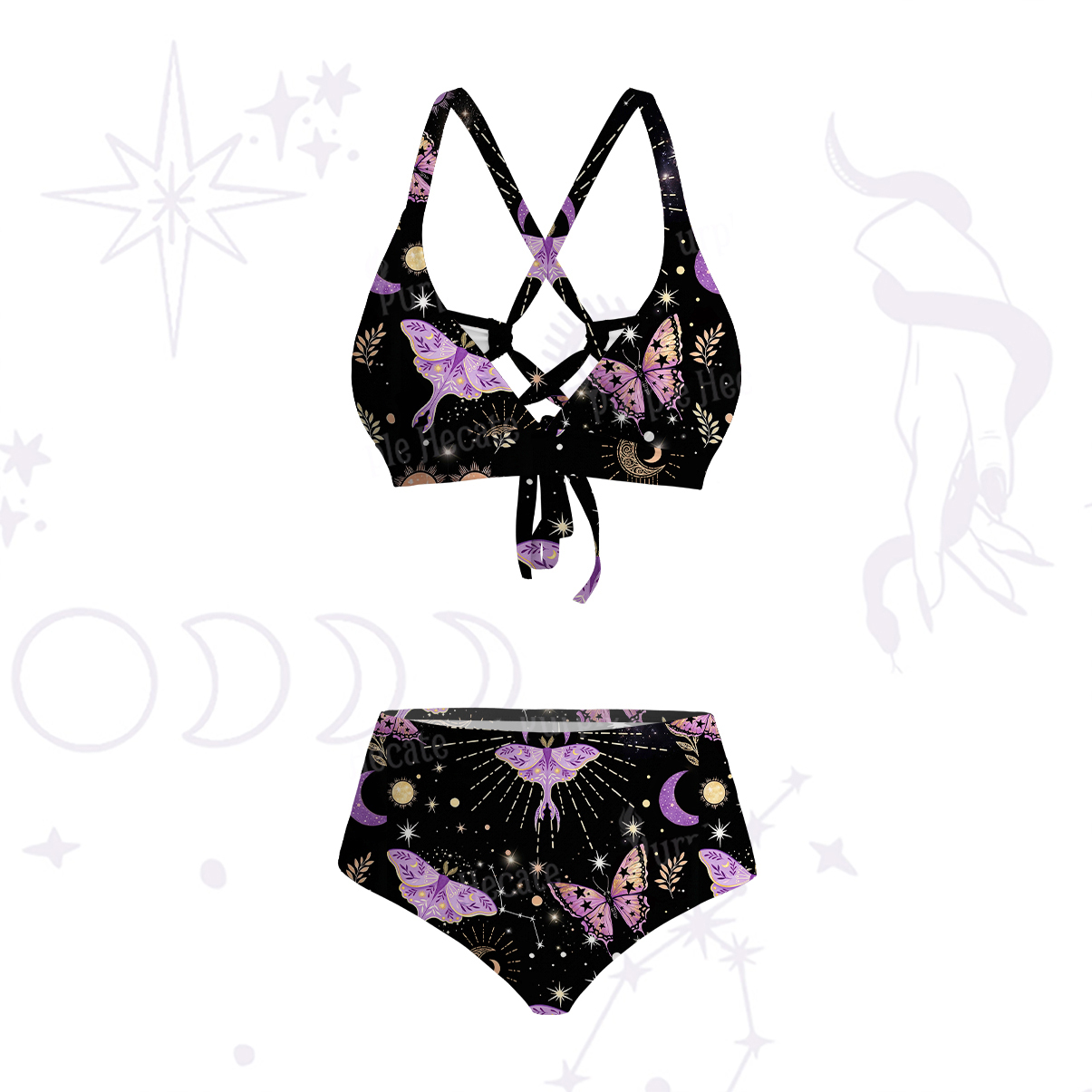 Purplehecate Starry Night Lunar Moth Crisscross Tie-Back Bikini Set