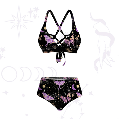 Purplehecate Starry Night Lunar Moth Crisscross Tie-Back Bikini Set