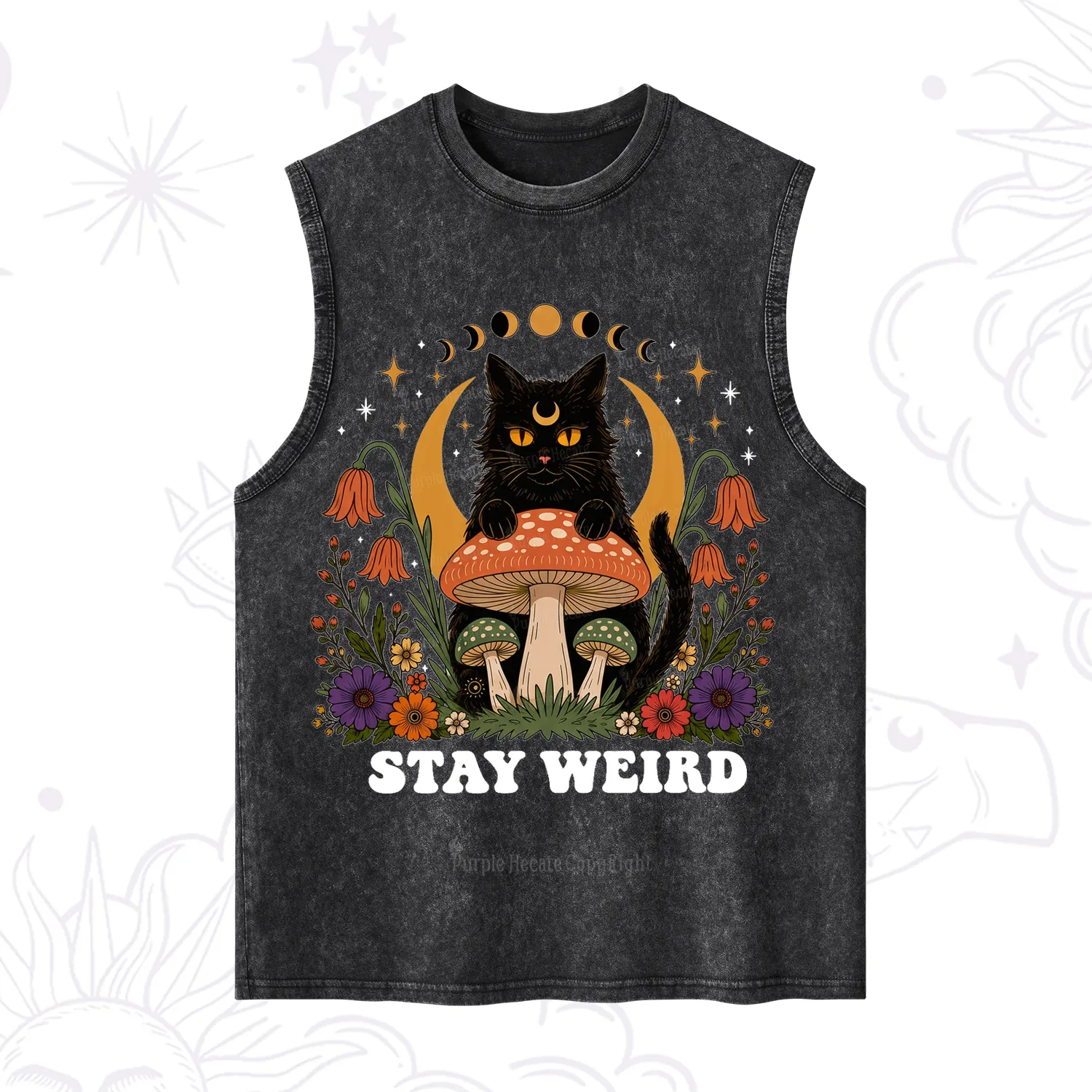 Purplehecate Stay Weird Black Cat Washed Tank
