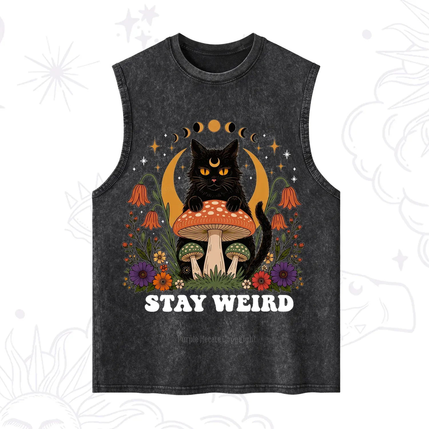 Purplehecate Stay Weird Black Cat Washed Tank
