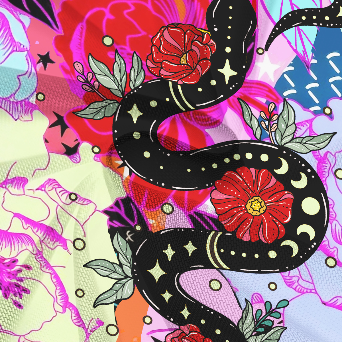 Purplehecate Enchanted Black Serpent & Floral Pattern Mesh Cover Up Dress