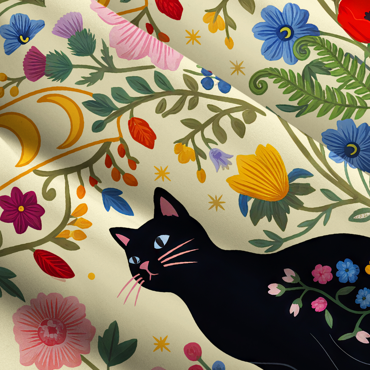 Purplehecate Moonlit Magic Garden Black Cat Wide Straps Maxi Dress
