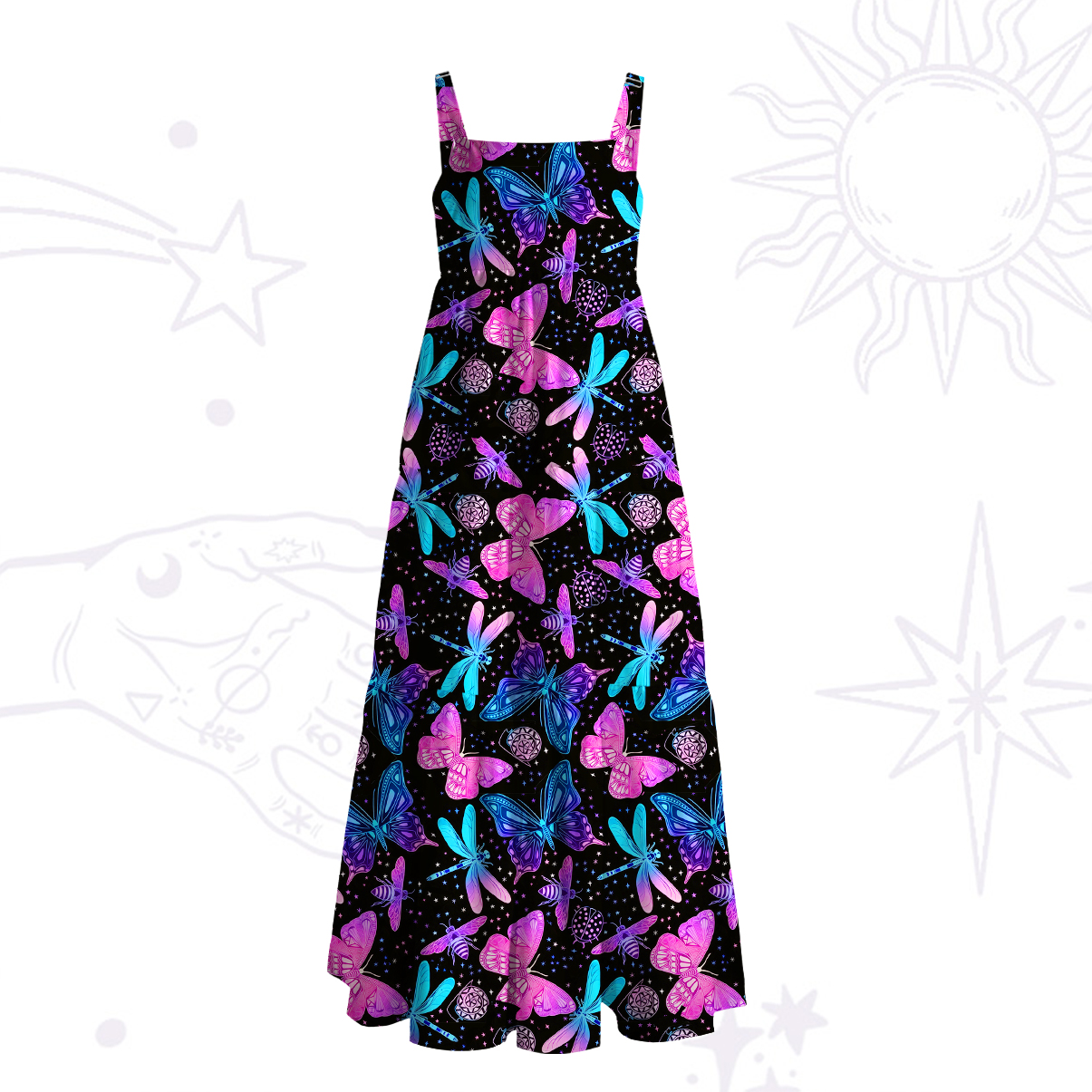 Purplehecate Neon Butterfly Dragonfly Wide Straps Maxi Dress
