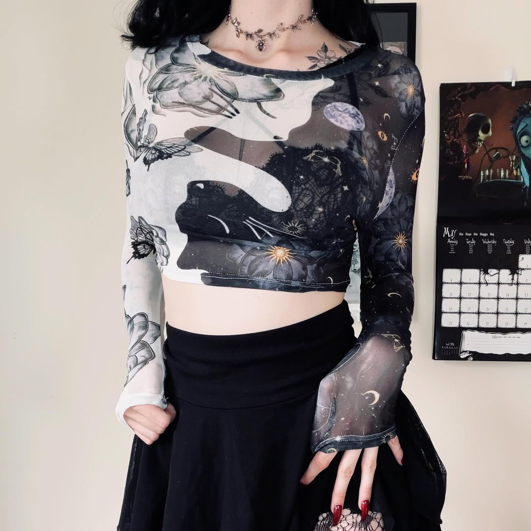 Purplehecate Starlit Cats & Butterflies Mesh Long Sleeve Crop Top