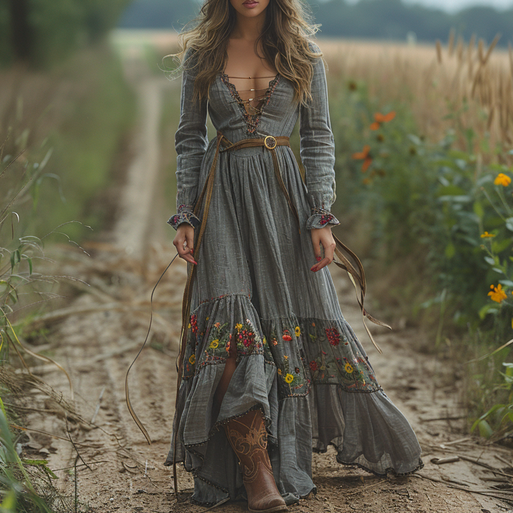 Vintage V-neck Linen Women's Long-sleeved Long Dress Pastoral Style Li