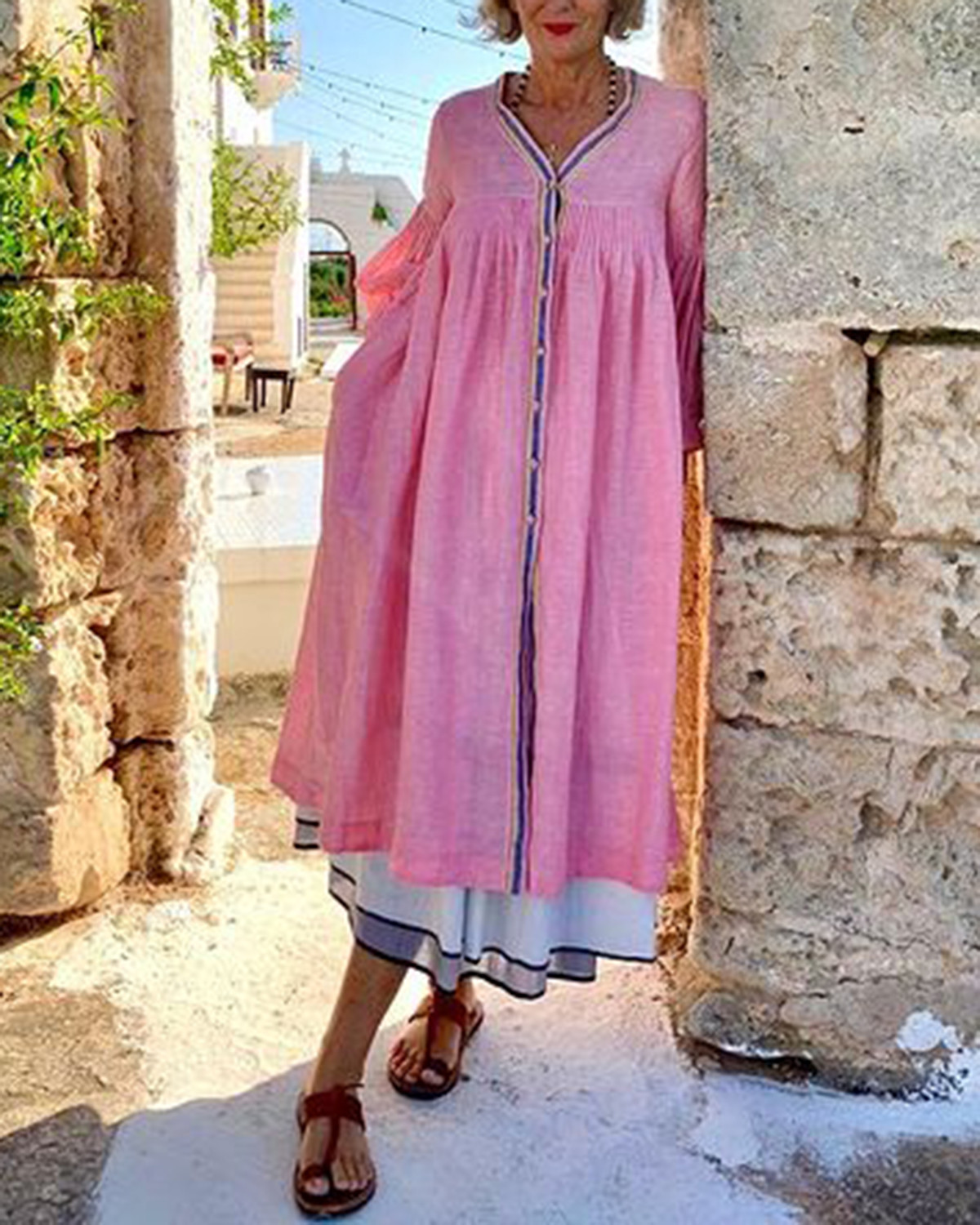 Pink Loose Cotton Linen Dress