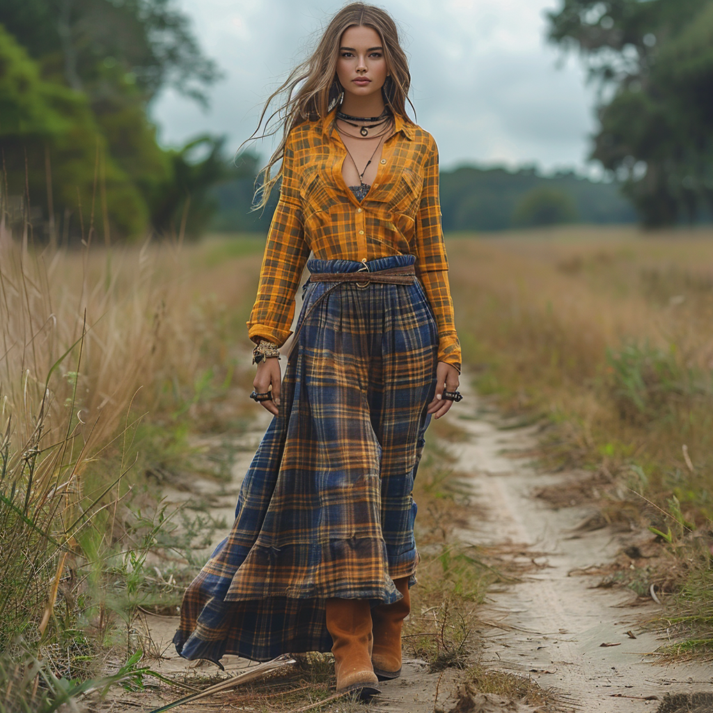 Retro V-neck Plaid Women's Long-sleeved Long Skirt Country Pastoral Retro Dress