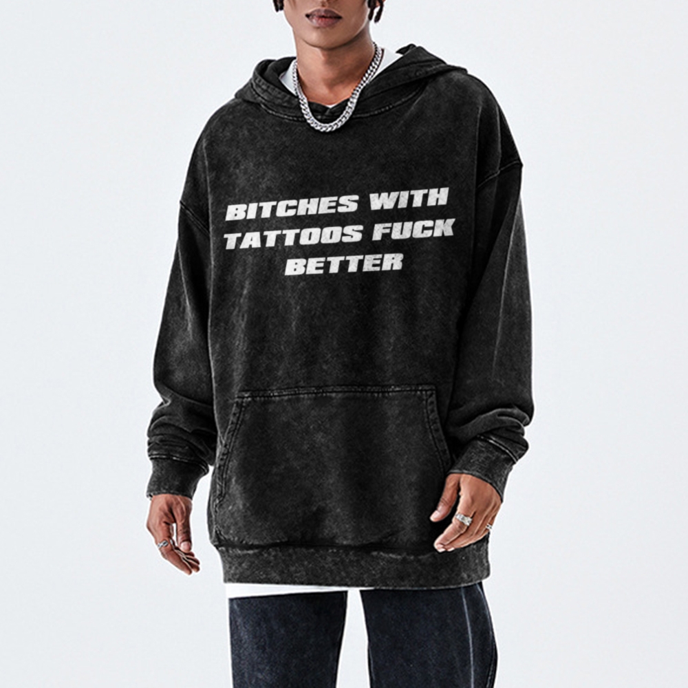 Bxxches With Tattoos Unisex Printed Casual Washed Hoodie Sweatshirt