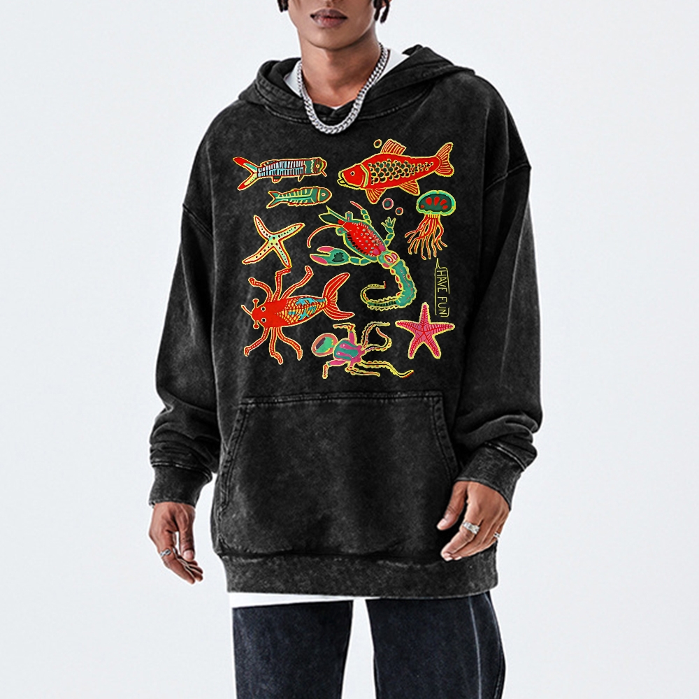Have Fun Unisex Printed Casual Washed Hoodie Sweatshirt
