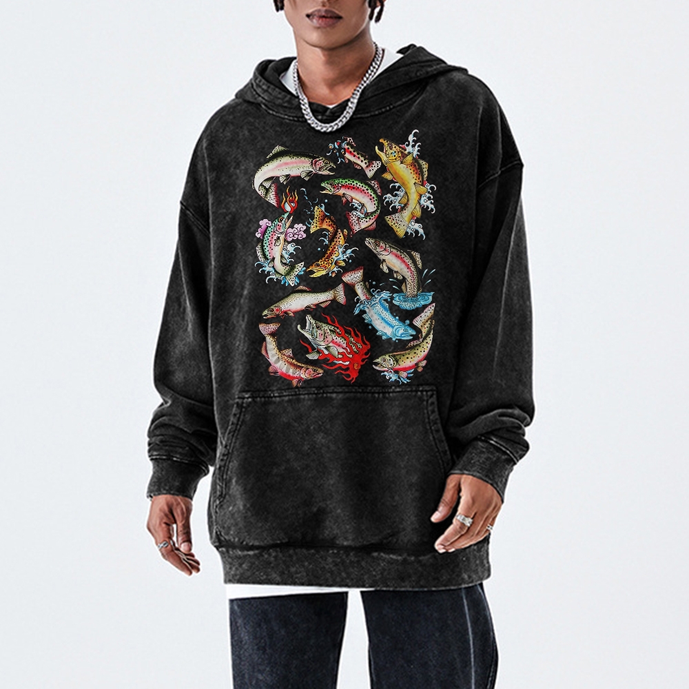 Good luck Fish Unisex Printed Casual Washed Hoodie Sweatshirt