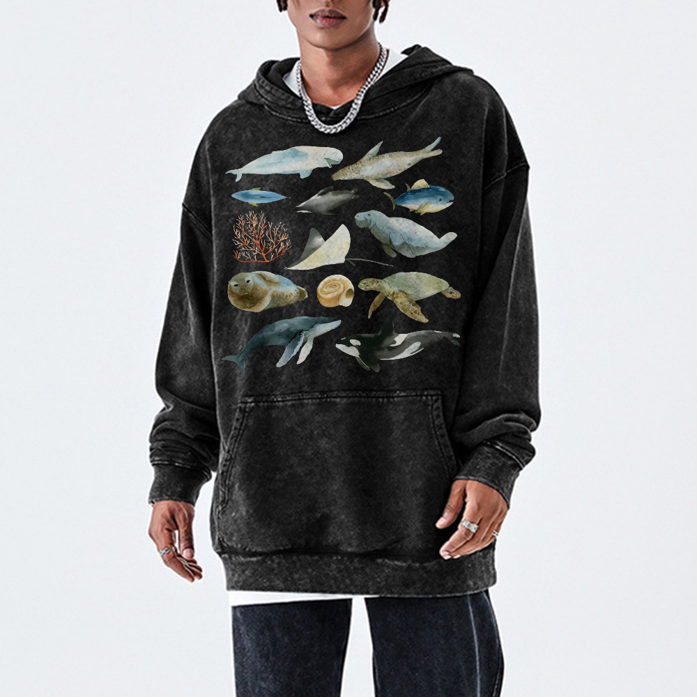 Underwater World Unisex Printed Casual Washed Hoodie Sweatshirt