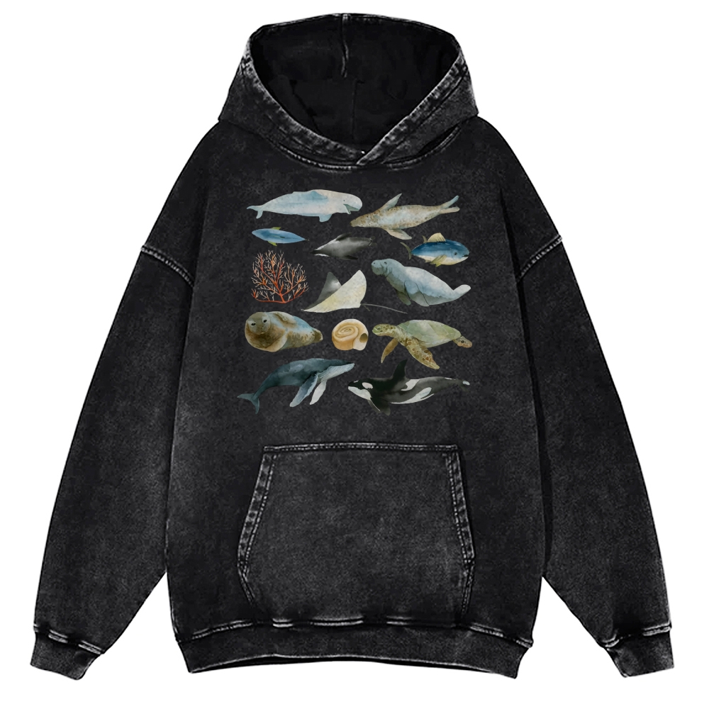 Underwater World Unisex Printed Casual Washed Hoodie Sweatshirt