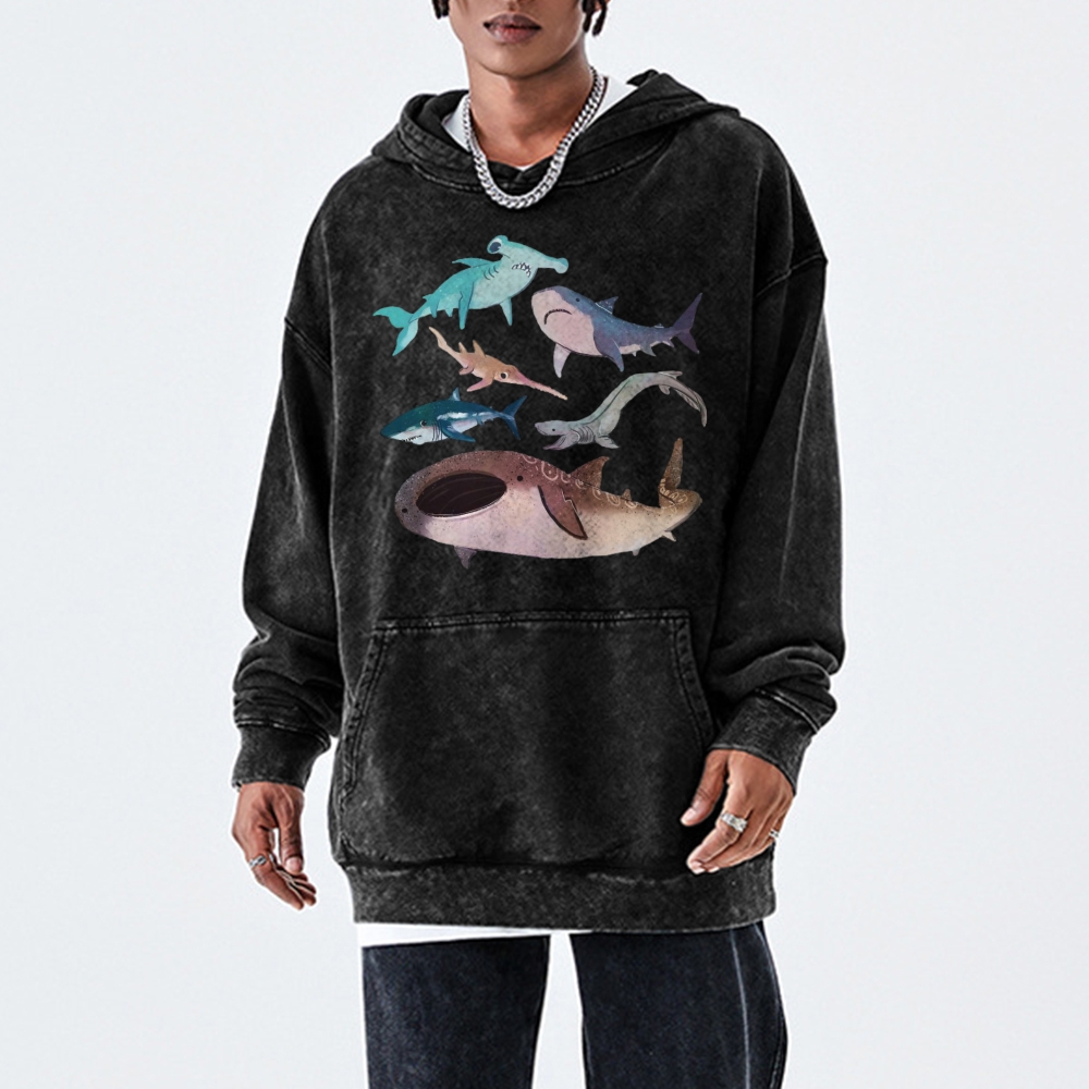 Cartoon Shark Unisex Printed Casual Washed Hoodie Sweatshirt