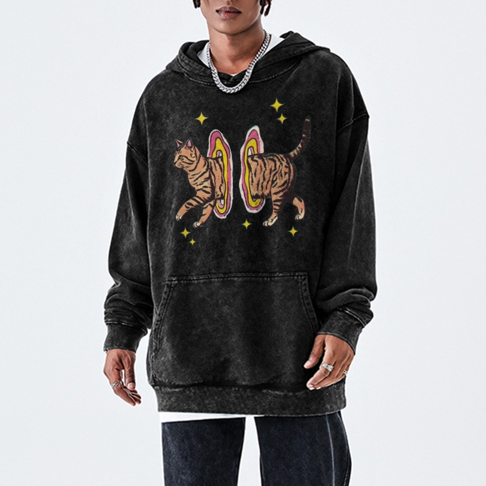 Cat In Rainbow Circle Unisex Printed Casual Washed Hoodie Sweatshirt