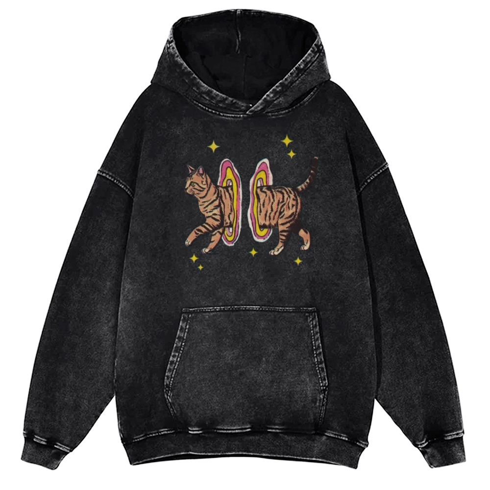 Cat In Rainbow Circle Unisex Printed Casual Washed Hoodie Sweatshirt