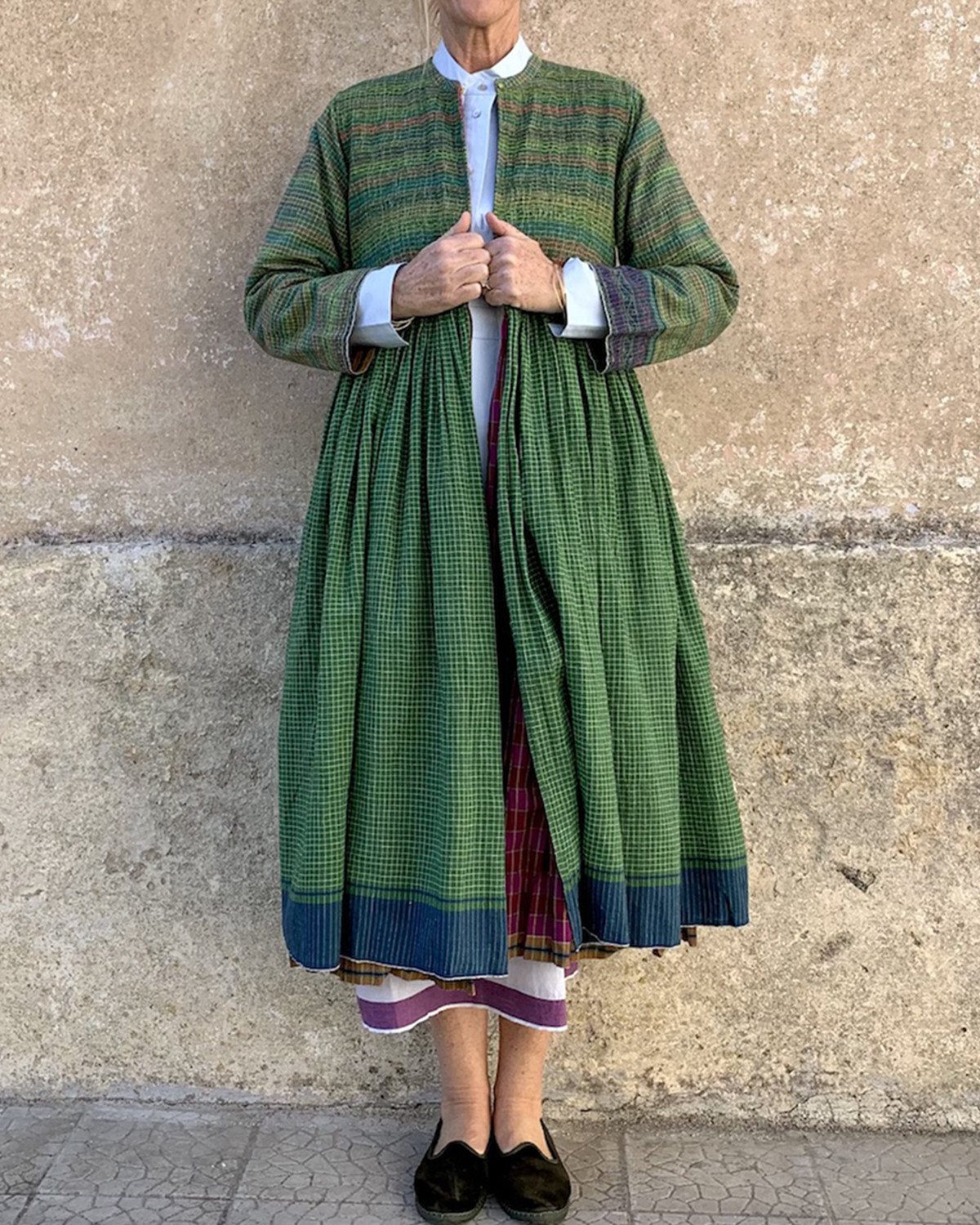 Green Plaid Cotton Linen Cardigan Dress