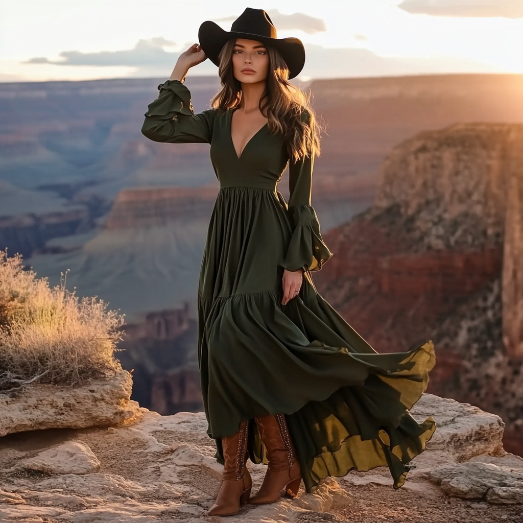 Women's Vintage Western Cowboy V-neck Long Sleeve Olive Green Dress