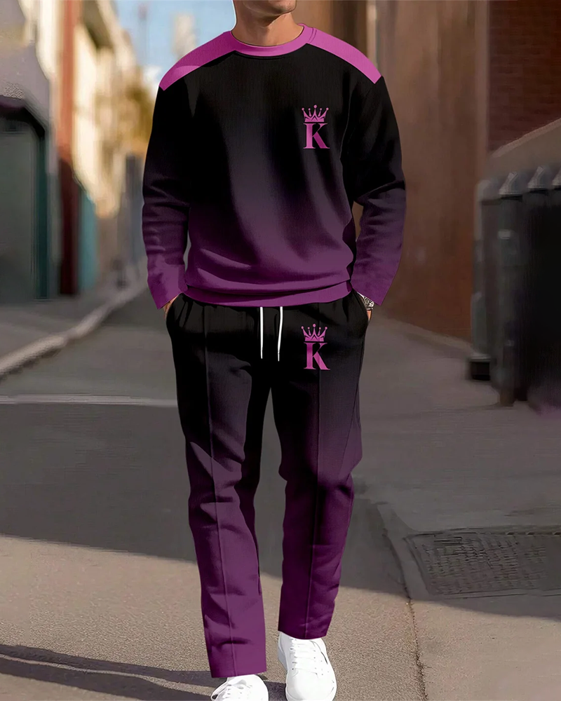 Men's Purple Gradient Round Neck Casual Sports Set 038