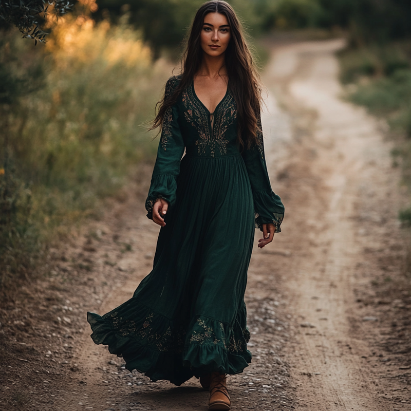 Women's Vintage Floral Boho Style Pastoral V-neck Long Sleeves Dress