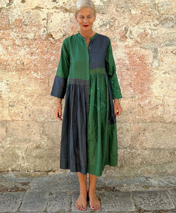 Blue and Green Spliced Cotton Linen Dress