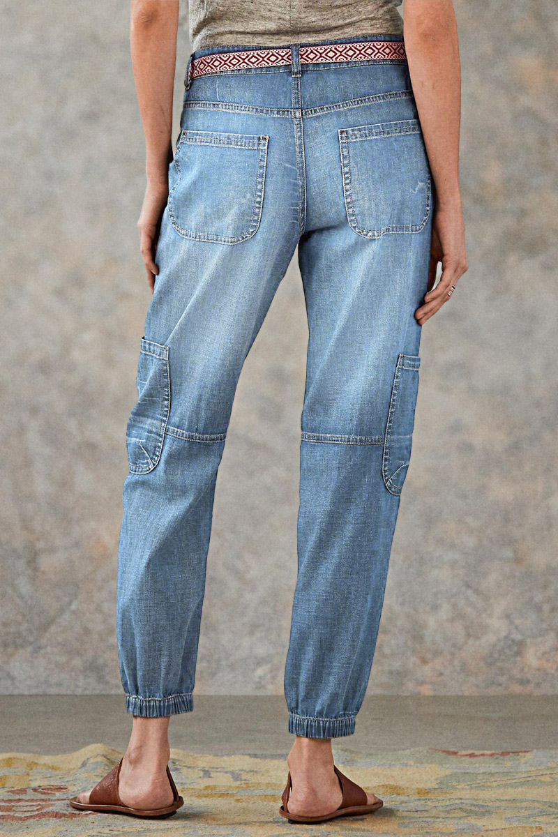 Multi Pocket Button Fly Mid Rise Straight Leg Jeans Without Belt