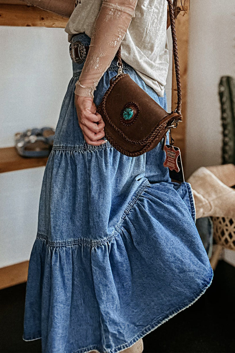 Wash Ruffle Hem Button Fly High Rise Maxi Denim Skirt Without Belt