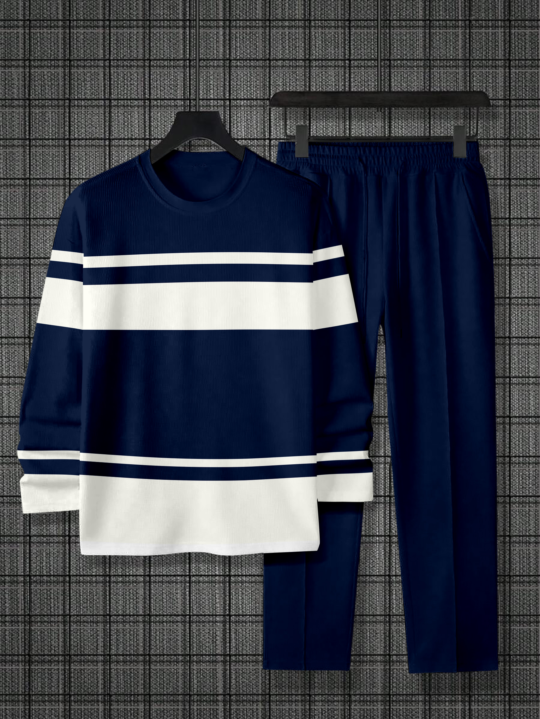 Men's Navy Blue Simple Round Neck Casual Sports Set 044
