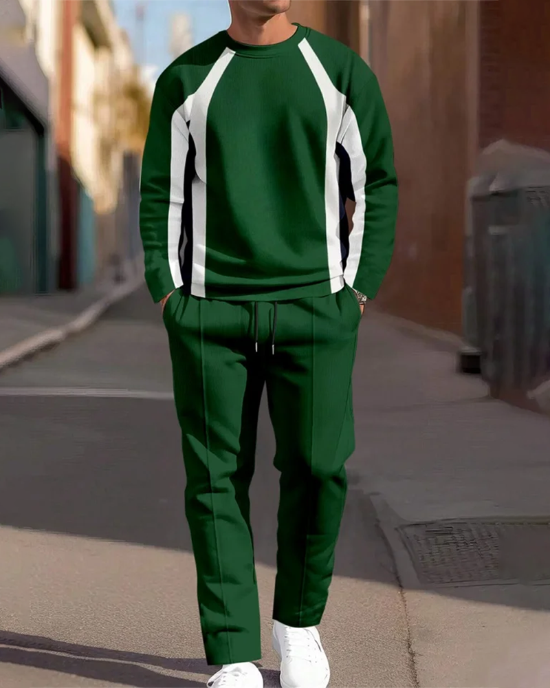Men's Colorblock Round Neck Casual Sports Set 058