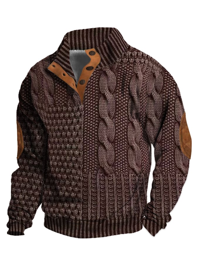 Men's Casual Retro Print Stand Collar Button Sweatshirt