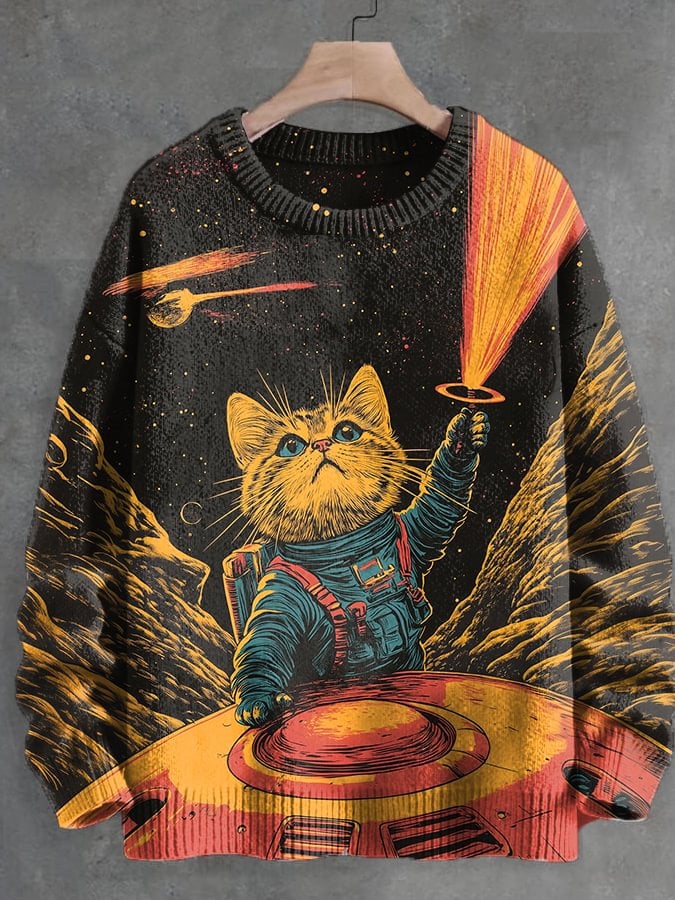 Men's Retro Space Astronaut Cat Art Print Knit Sweatshirt